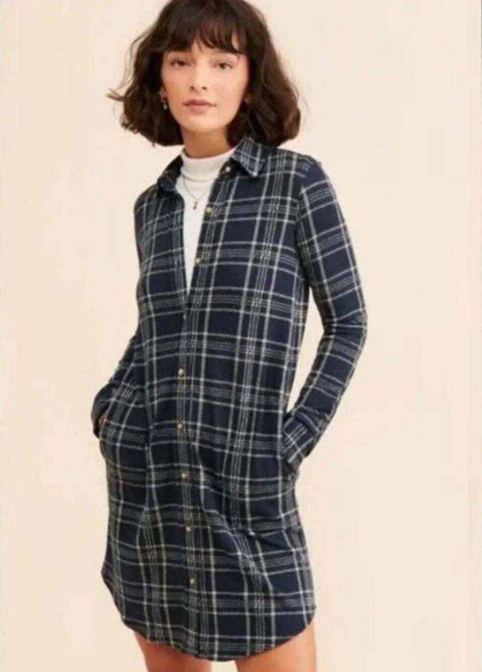 Faherty Legend Knit Long Sleeve Button-Up Shirt Dress in Dark Plaid Size XS/S